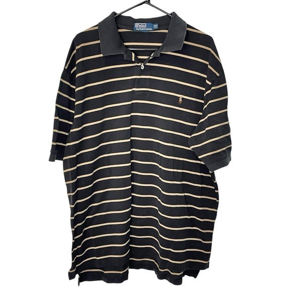 Polo Ralph Lauren 2XLT 100% Pima Cotton Polo Shirt Black/Beige Stripe Brown Pony - Picture 2 of 5